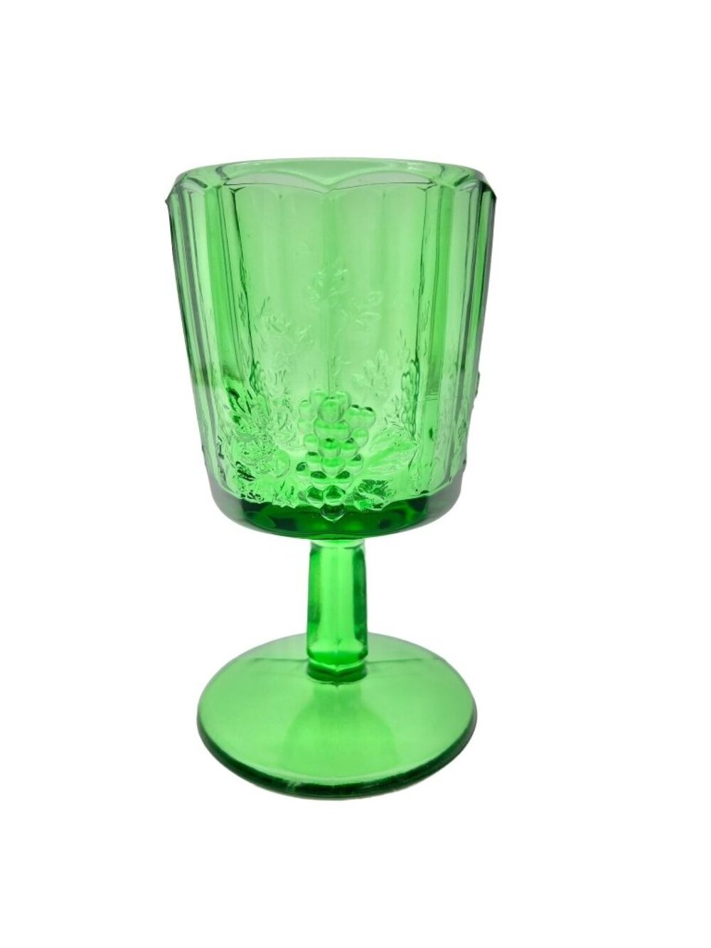 Vintage Green Depression Glass Goblet Embossed Grape Vine Design 6" H x 3" Dia